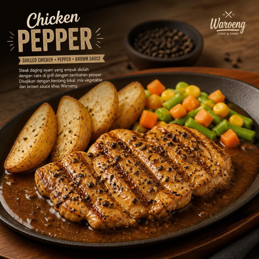 Chicken Pepper dengan steak ayam grill, saus pepper, kentang lokal, dan sayuran